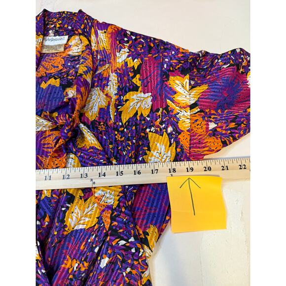 Vintage 80s Mystic Dress M – Bold Floral Pleated Midi w/ Shoulder Pads Belted - Picture 6 of 9